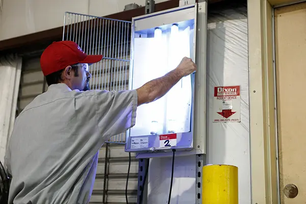 Pest control technician installing a fly zapper