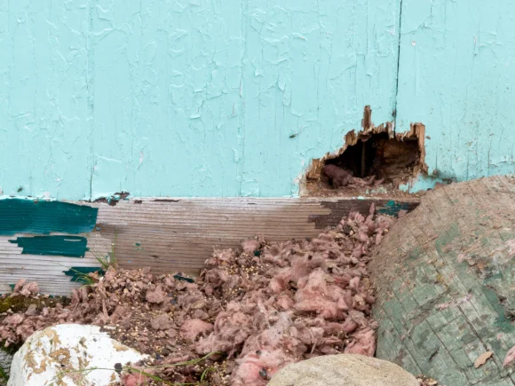 A hole on the side of a house with insulation and droppings on the floor in Atlanta GA